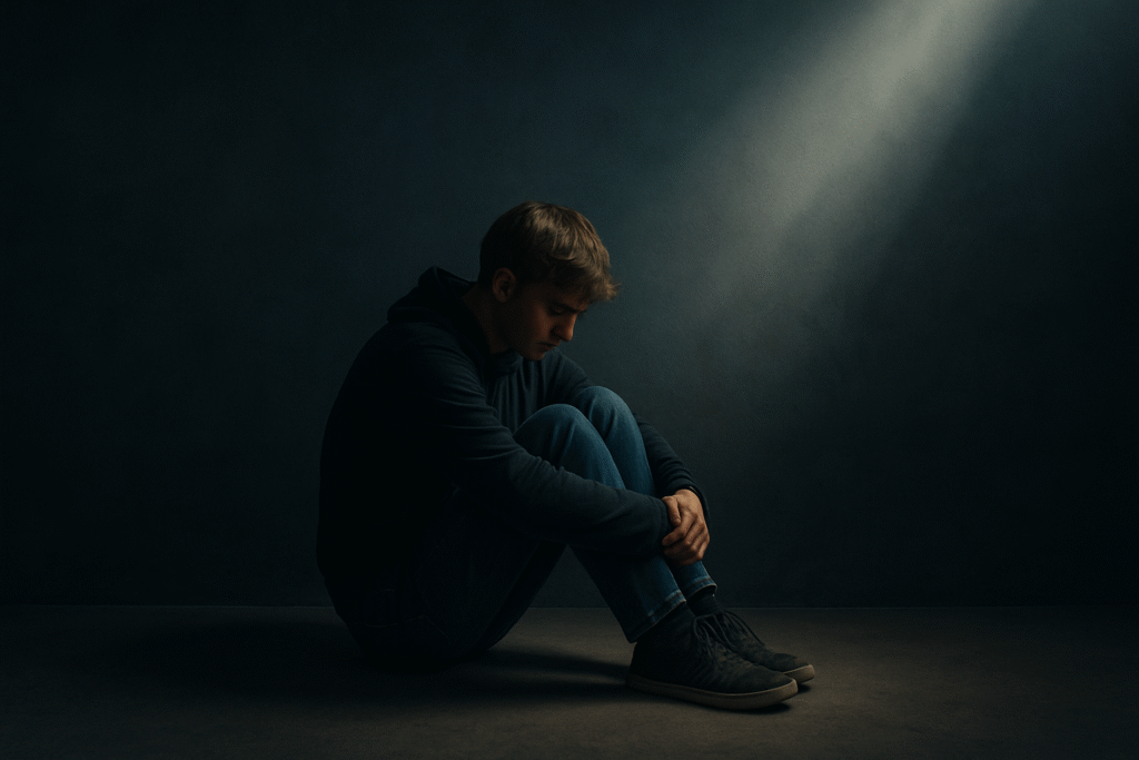Pessoa sentada em uma sala escura, feixe de luz